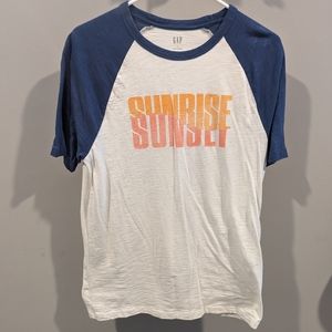 Sunrise/sunset baseball style shirt.